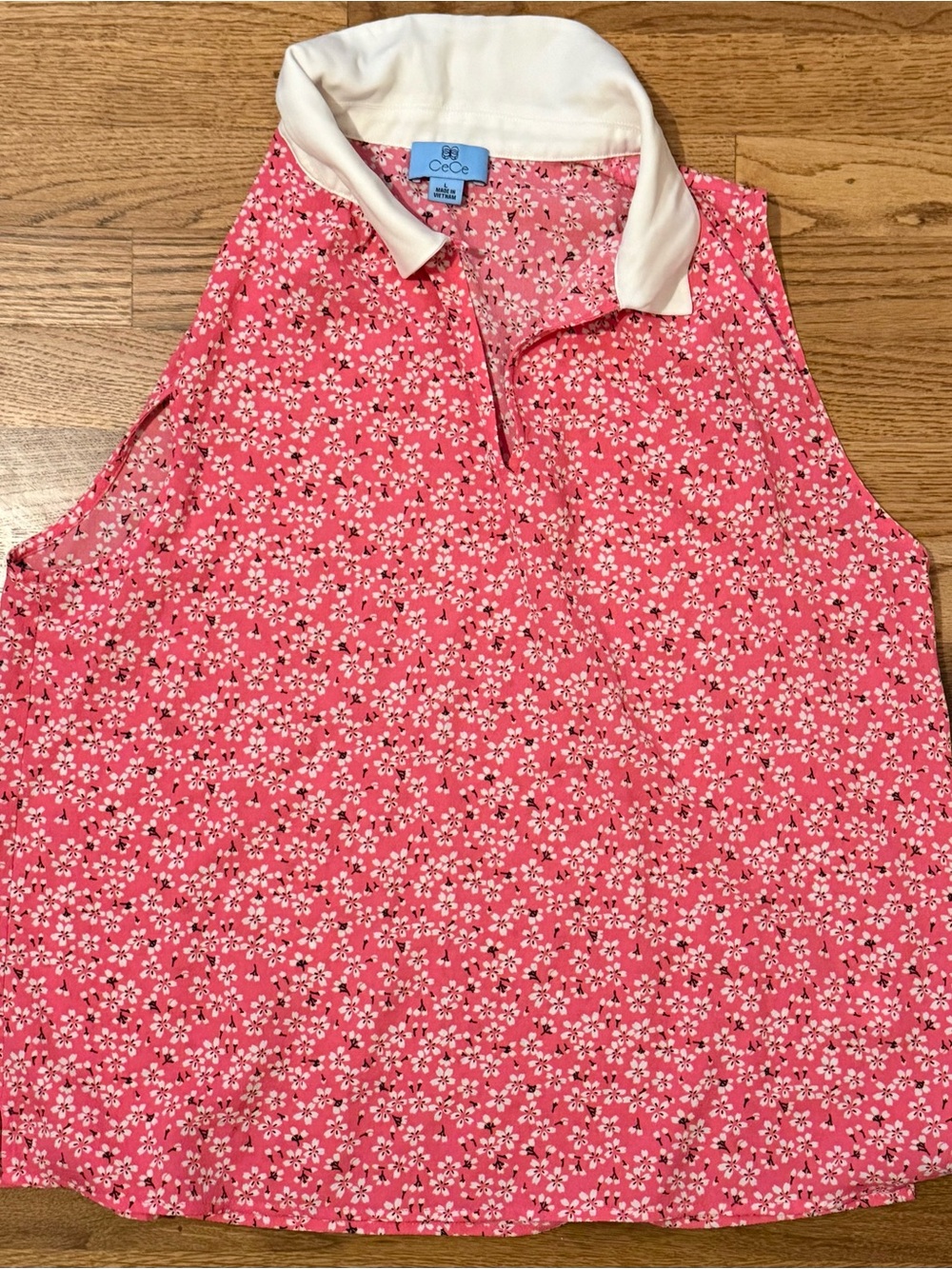 CeCe Pink Floral Sleeveless Polo with White Collar